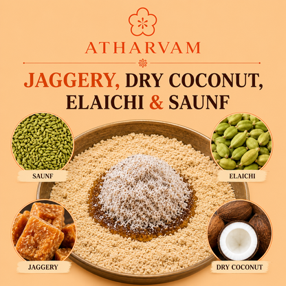 Atharvam jaggery, dry coconut, elaichi, and saunf ingredients on a beige background
