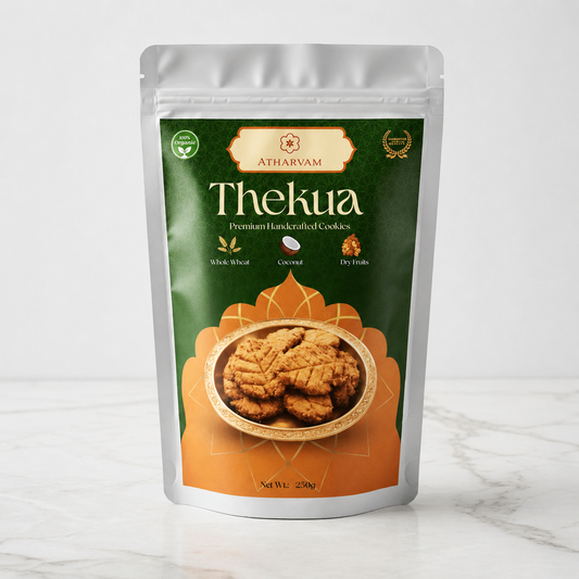 Atharvam Thekua cookies packaging on a white background