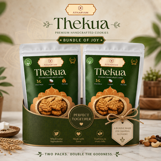 Two packages of Atharvam Thekua cookies with a decorative stand on a neutral background.